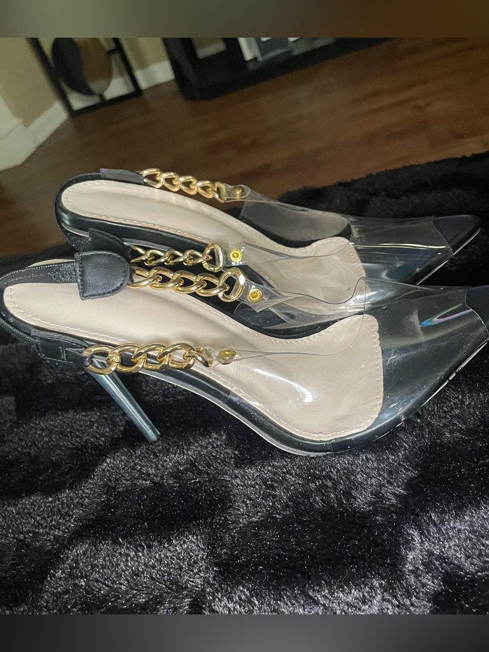 Clear PVC Pointed-Toe Slingback Heels with Gold Chain - Black/Clear
